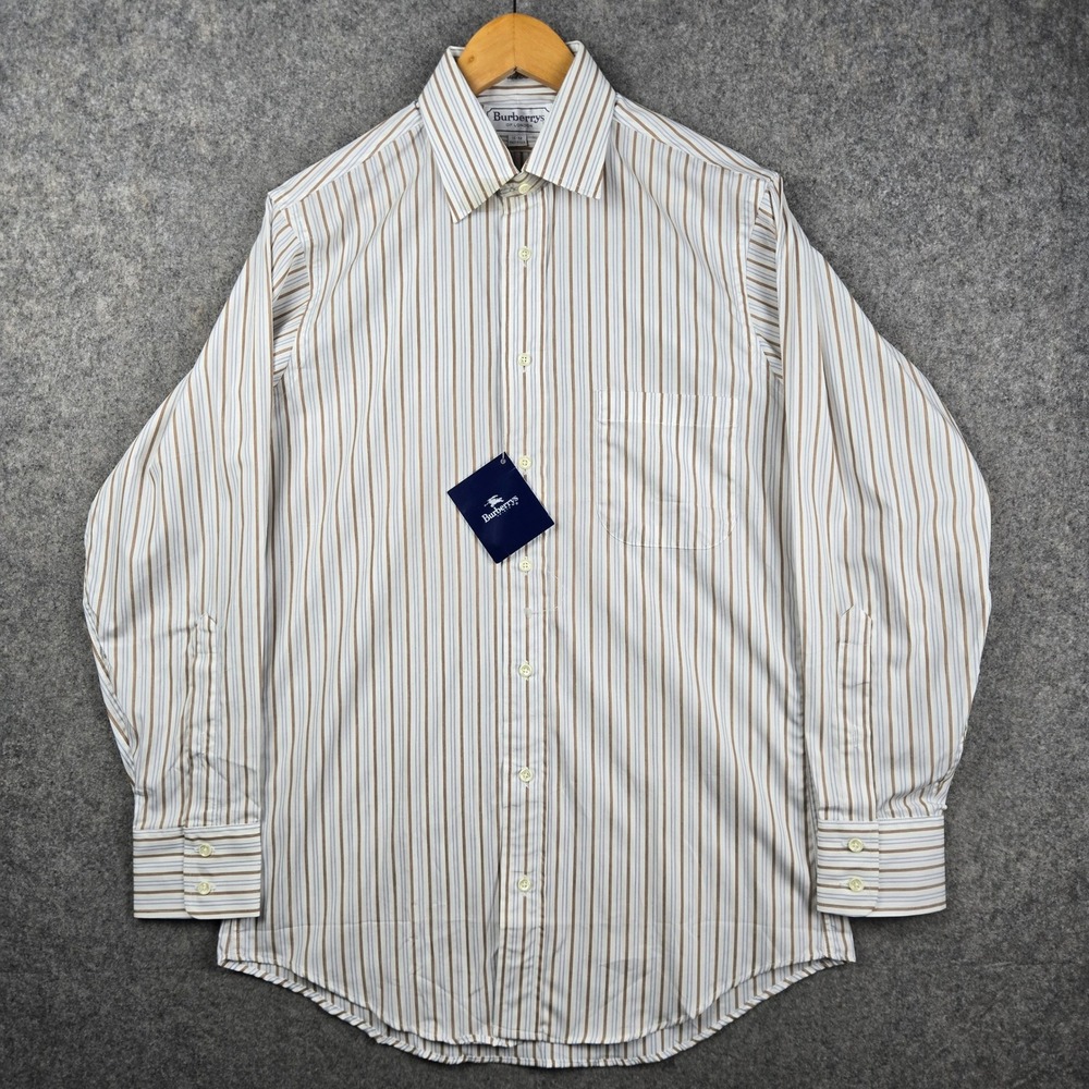 Vintage Burberrys Dress Shirt Mens 15-32 White Striped 90s Made USA Cotton New